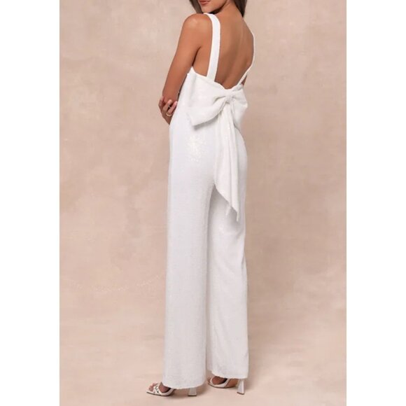 Lulus Feeling Sparkly White Sequin Bow Wide-Leg Jumpsuit Sz Small Womens White - Picture 1 of 12